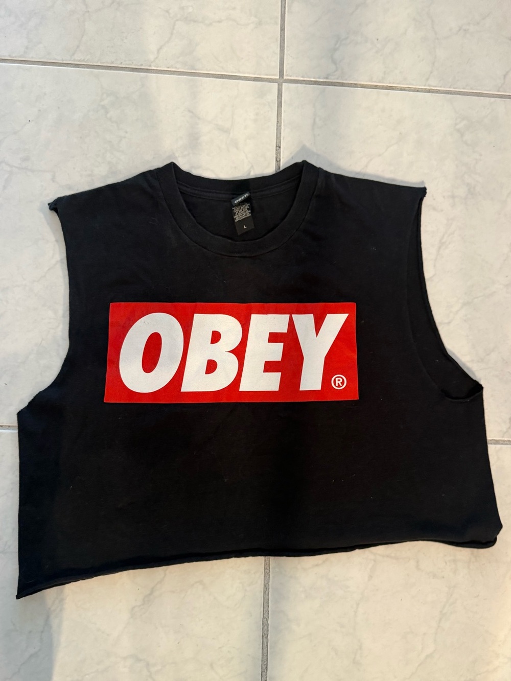 Obey Black Cropped Muscle Tank with Red & White Logo